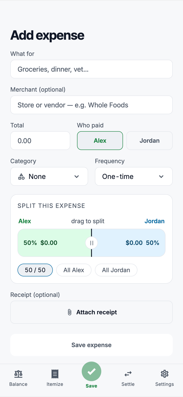 The Add expense screen with a description, who paid, category, and a slider splitting the cost 50/50.