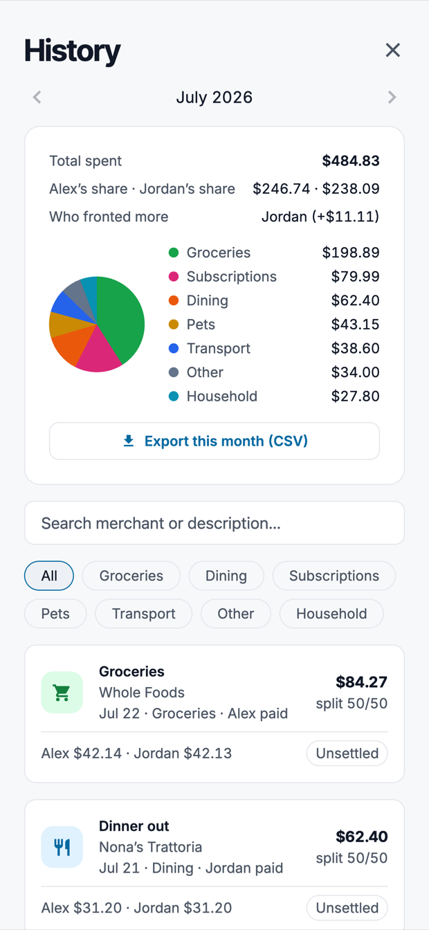 The History screen for July 2026: total spent, each person's share, a category pie chart, and the list of expenses.