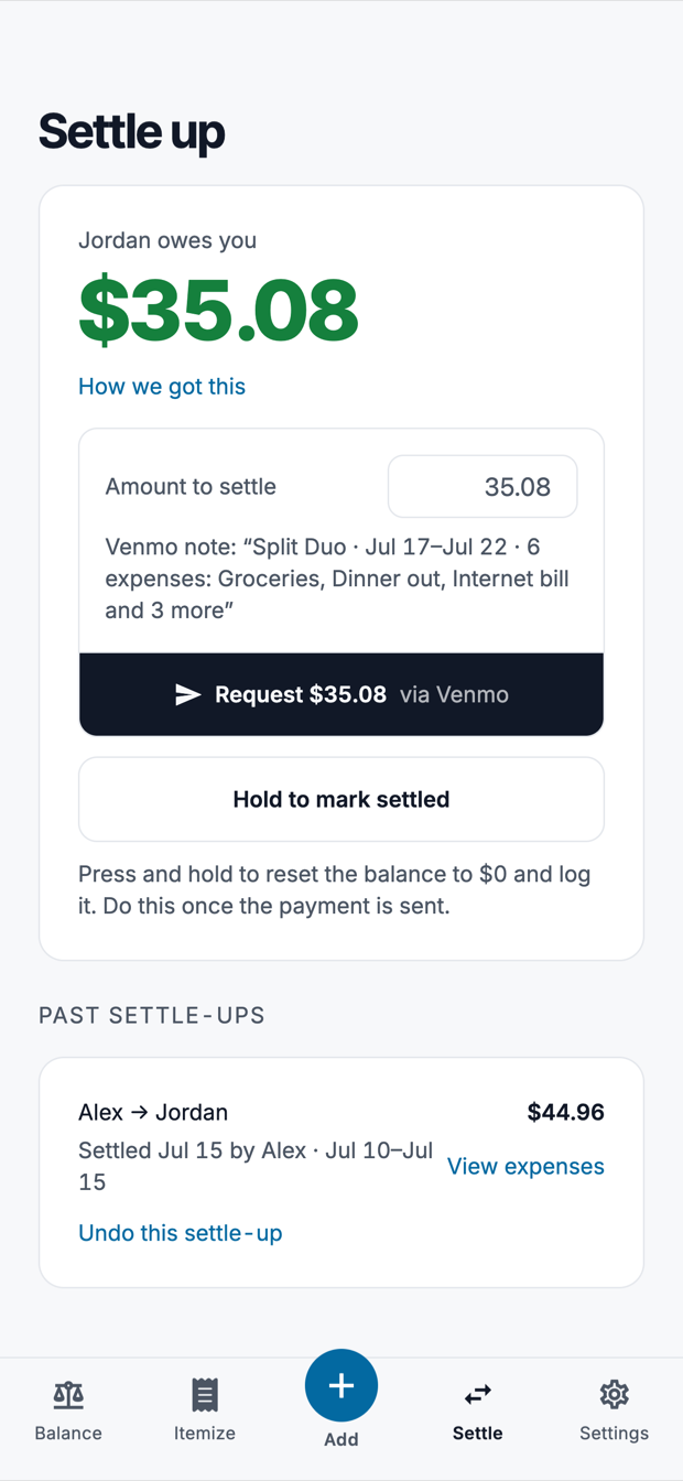 The Settle up screen showing $35.08 owed, a Venmo request button with a pre-filled note, and a hold-to-mark-settled button.